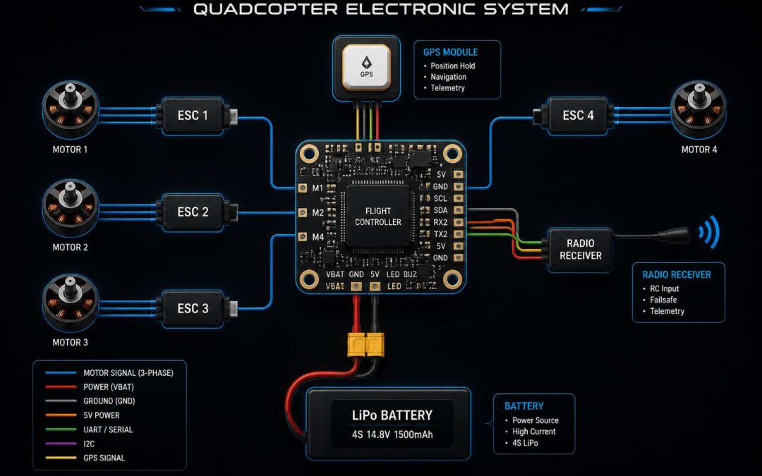 Quadcopter block diagram explained for drone design.